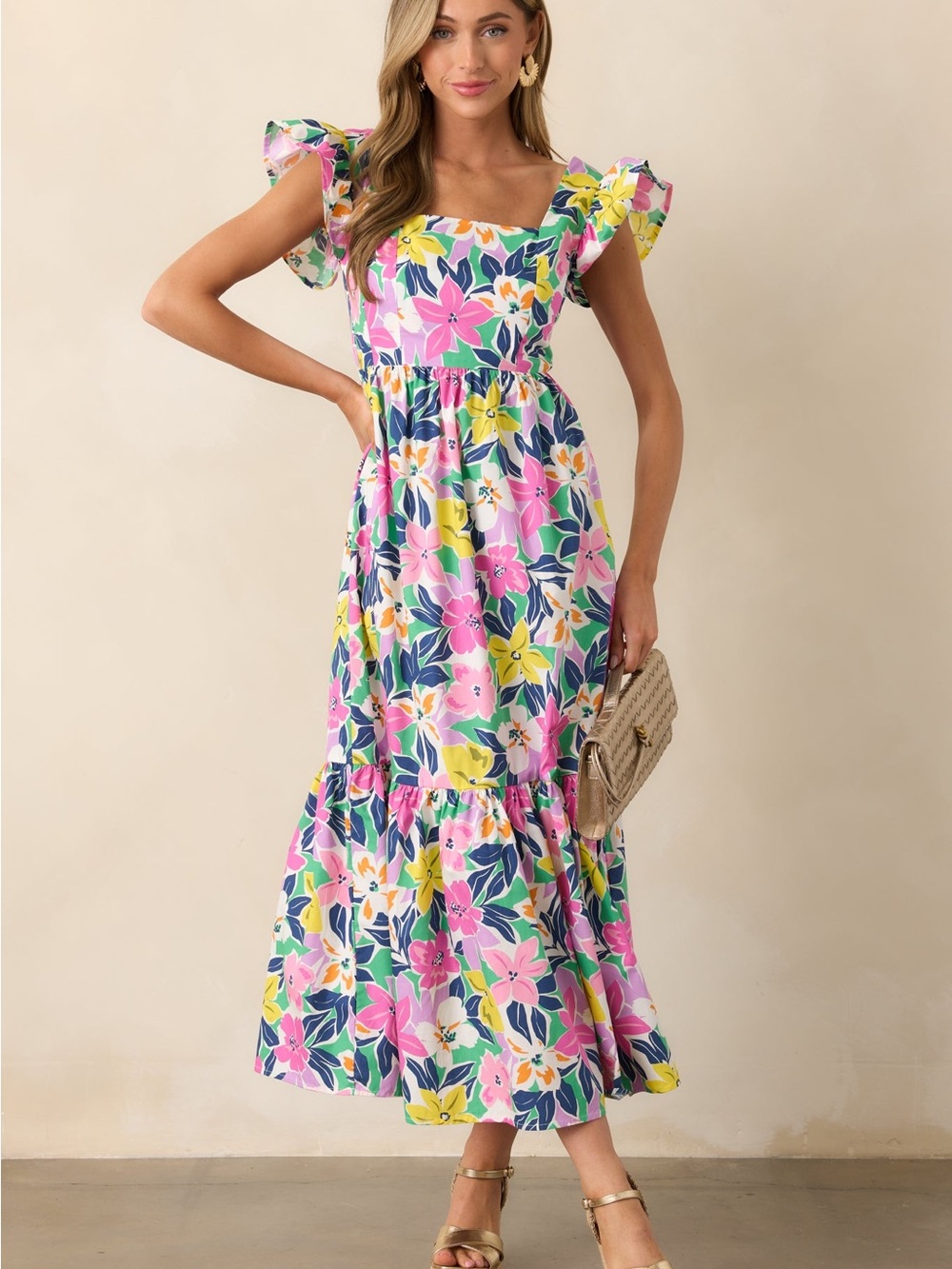 BLOOMING SHORES PINK TROPICAL FLORAL FLUTTER SLEEVE MAXI DRESS